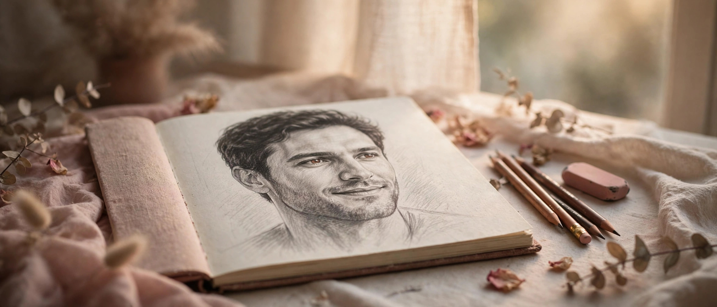 A hand-drawn pencil portrait of a man in an artist's sketchbook, with pencils beside it